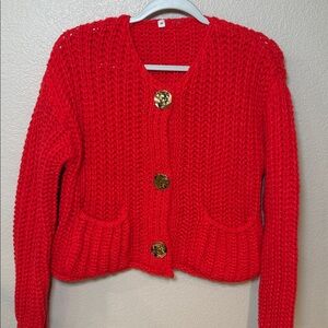 Chunky Knit Red Cardigan with Large Buttons